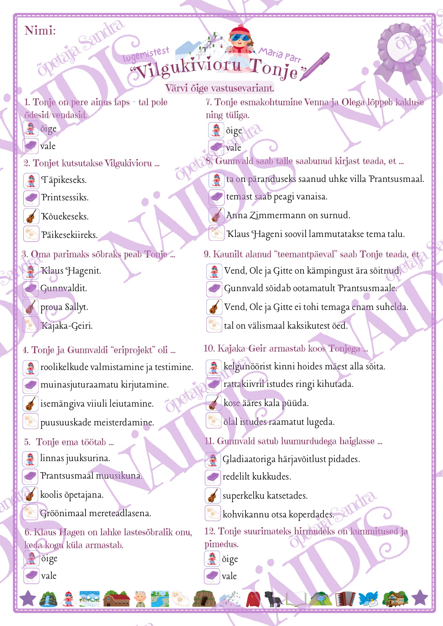 “VILGUKIVIORU TONJE” (M. Parr) LUGEMISKONTROLL-TÖÖLEHED & KÜSIMUSTEKAARDID