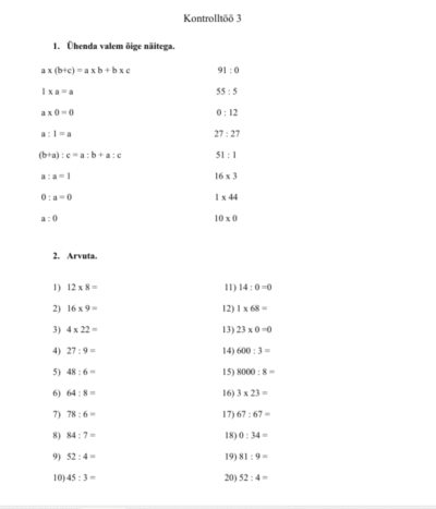 Kontrolltöö korrutamine ning jagamine
