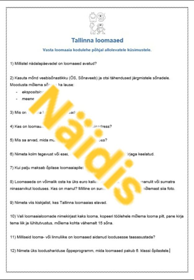 funktsionaalne lugemine: info otsimine loomaaia kodulehelt