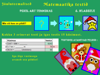 Pixel Art tehnikas jõuluteemalised matemaatika testid 6. klassile