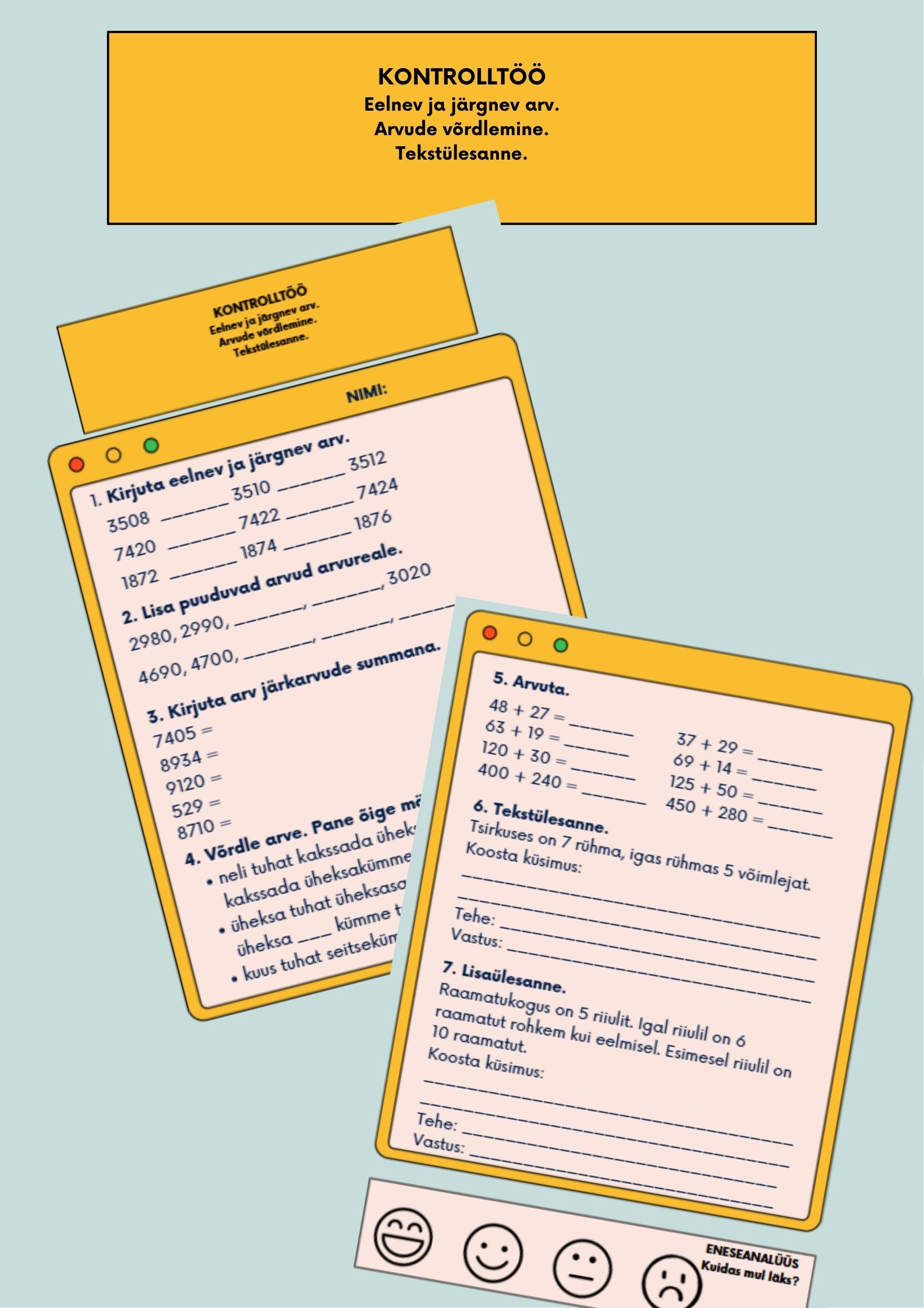 Teadmiste kontroll: Eelnev ja järgnev arv. Järkarvud. Arvude võrdlemine. Liitmine 1000 piires. Tekstülesanne.