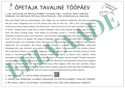 "Õpetaja tavaline tööpäev - lugemisülesanne + QR"