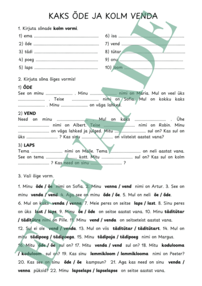 "Kaks õde ja kolm venda (nimetav, omastav, osastav)"