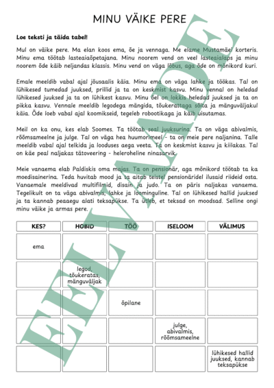 "Minu väike pere - lugemisülesanne"