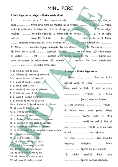 "Minu pere - grammatikaülesanded"