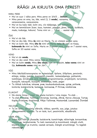 "Räägi ja kirjuta oma perest - näitelaused"