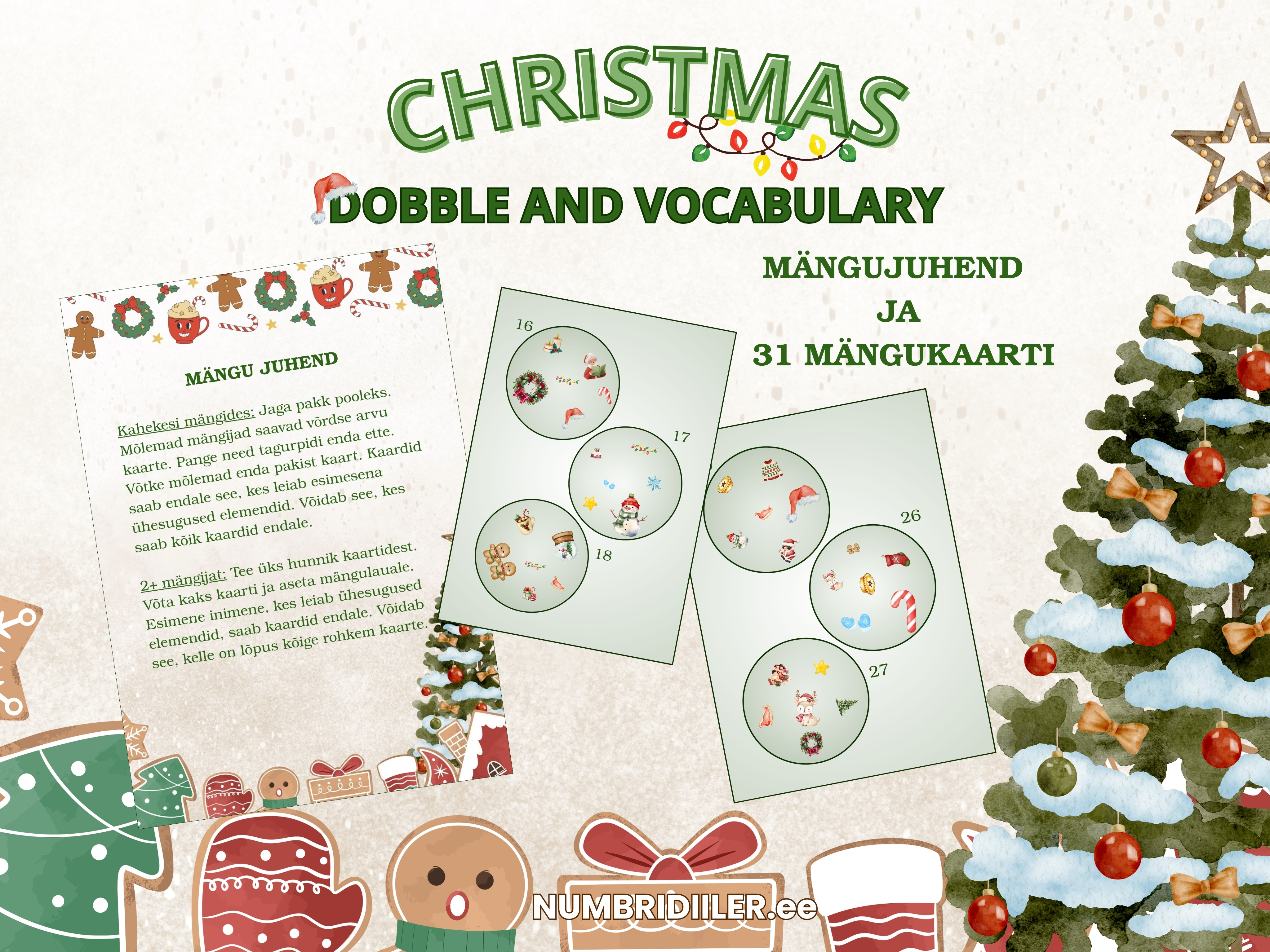 Jõulude dobble ingliskeelse sõnavara arendamiseks algklassidele