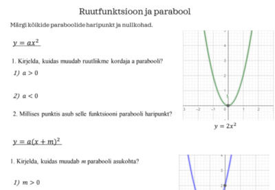 Ruutfunktsioon ja parabool tööleht