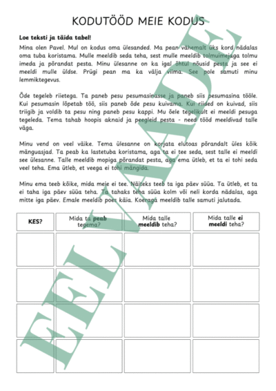 "KODUTÖÖD MEIE KODUS - lugemisülesanne, -ma/-da"