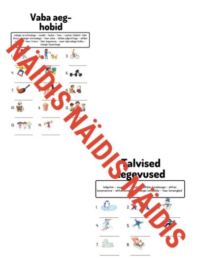 Vaba aeg: hobid+ talvised tegevused (2 töölehte)