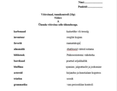 Võõrsõnade ühendamine õige tähendusega, tunnikontroll, 9.klass.