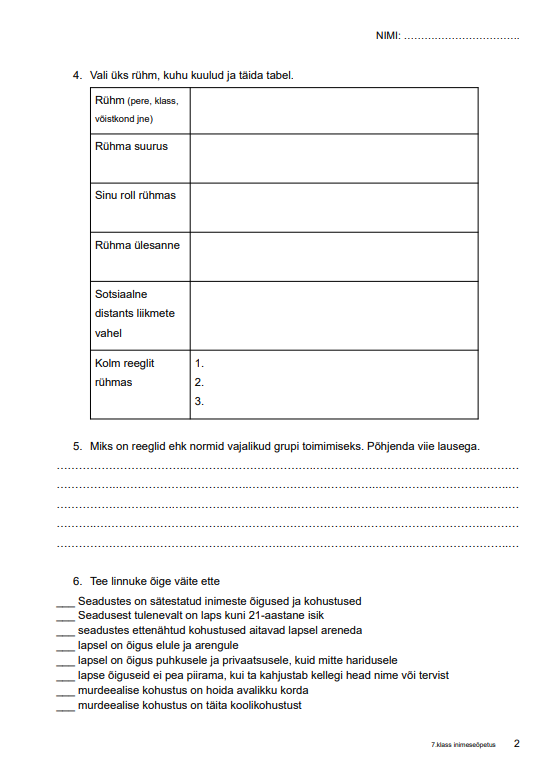 Inimene ja grupp, Inimene ja rühm, tööleht, 7.klass inimeseõpetus