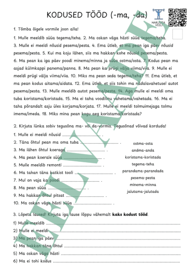 "KODUTÖÖD (-ma ja -da) + QR"