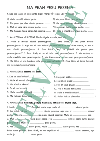 "KODUTÖÖD: "Ma pean pesu pesema" (-ma ja -da)"