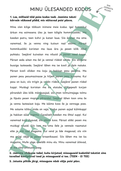 "KODUTÖÖD - "Minu ülesanded kodus" (lugemisülesanne)"