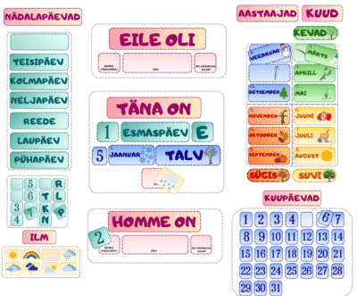 Kalender/rääkiv sein- nädalapäevad, kuupäevad, aastaajad, kuud, ilm