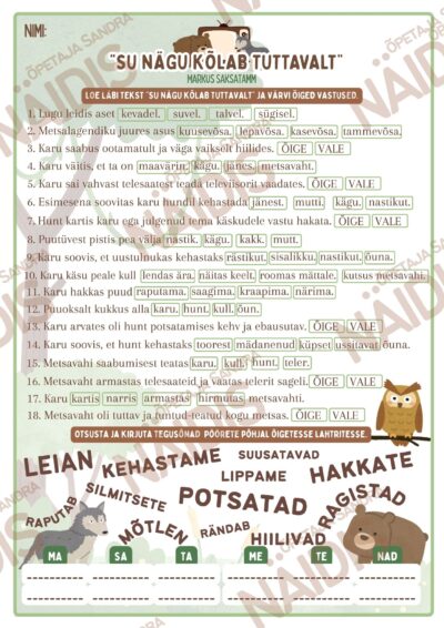 “SU NÄGU KÕLAB TUTTAVALT” (M. SAKSATAMM) FUNKTSIONAALSET LUGEMISOSKUST ARENDAV LUGEMISTEST-TÖÖLEHT