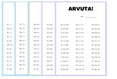 Liitmine ja lahutamine 5 raskusastmega (hea lamineerimiseks)