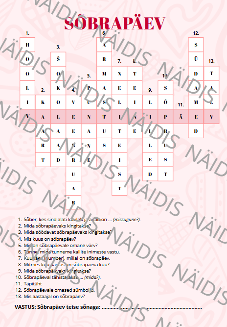 Sõbrapäeva/valentinipäeva ristsõna