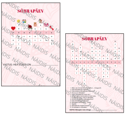 Komplekt: sõbrapäeva/valentinipäeva ristsõnad (küsimustega, piltidega)