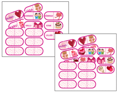 Komplekt: Sõbrapäeva/valentinipäeva doomino sõnadega, piltidega
