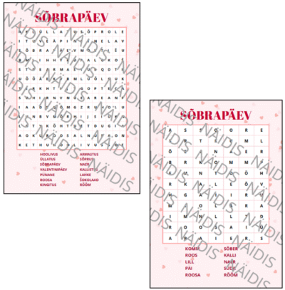 Komplekt: sõbrapäeva/valentinipäeva sõnarägastikud (lihtsam ja raskem)