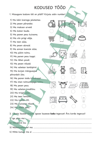 "KODUTÖÖD - ühenda pilt ja lause, kirjuta"
