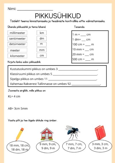 Pikkusühikud - tööleht ja kontrolltöö
