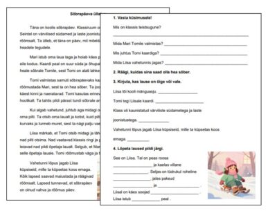 Sõbrapäeva lugemistekst ja ülesanded (1. klass)