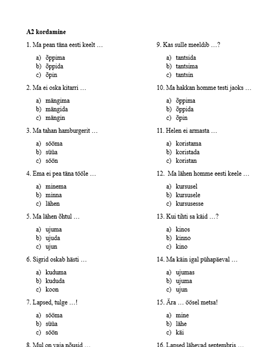 A2 kordamine 60 tk - vali õige sõna; grammatika