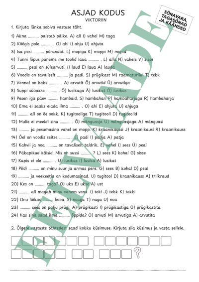 "Asjad kodus - viktoriin (sõnavara, tagasõnad, käänded)"