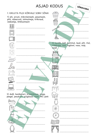 "Asjad kodus - sõnavaraülesanded (2 lk)"