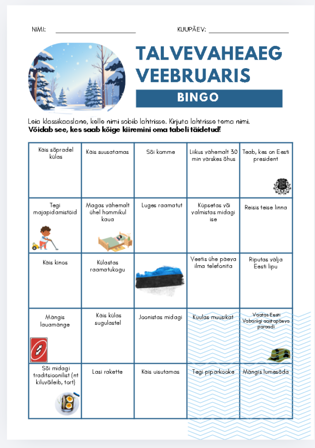Talvevaheaja/vabariigi aastapäeva (veebruar) BINGO