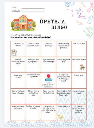 ÕPETAJA BINGO – vaimse tervise vitamiin enne vaheaega
