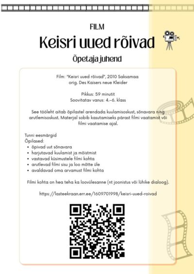 Film „Keisri uued rõivad“ töölehed (4.–6. klass, eesti keel teise keelena A1–A2)