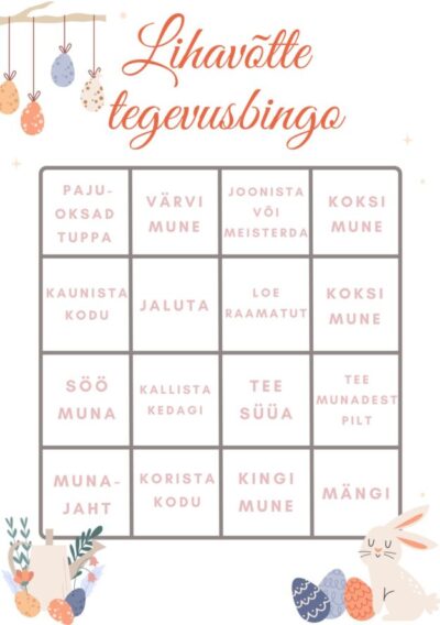 Lihavõtte tegevusbingo