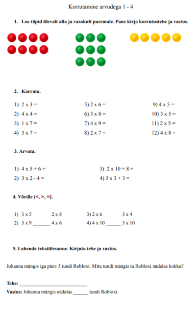 Korrutamine arvudega 1 - 4
