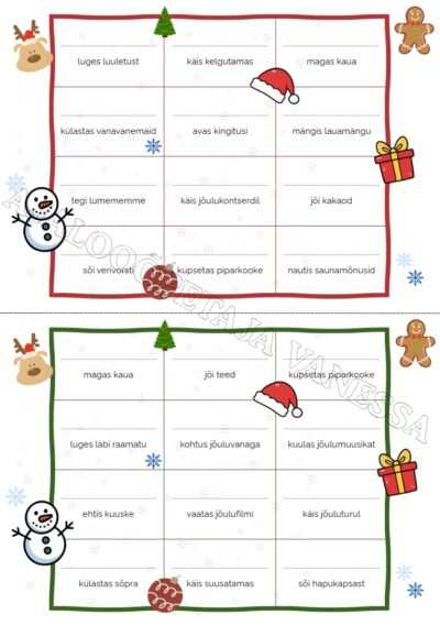 Bingomäng "Talvevaheaeg" (4 tk)