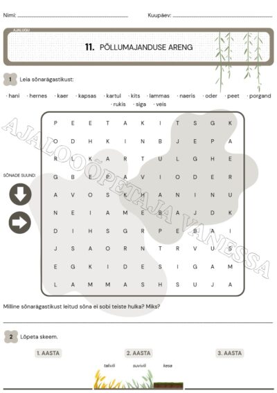 Tööleht "Põllumajanduse areng" (2 lk)
