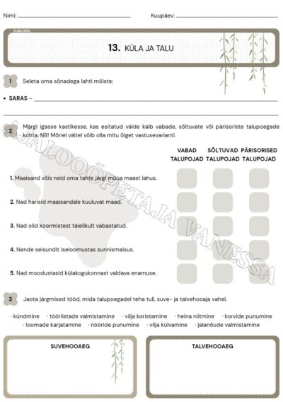 Tööleht "Küla ja talu" (2 lk)