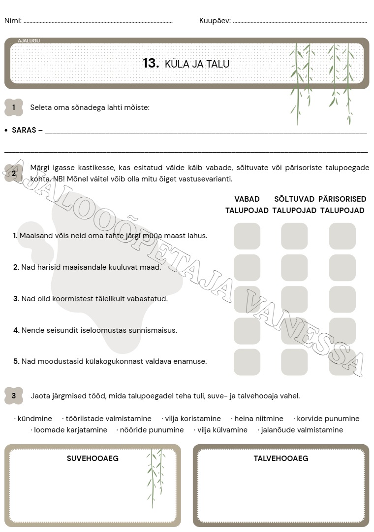 Tööleht "Küla ja talu" (2 lk)