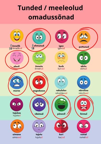 Eesti keele tunnete ja meeleolude omadussõnade kaardid – 28 tunnet ja seisundit + kontrollleht
