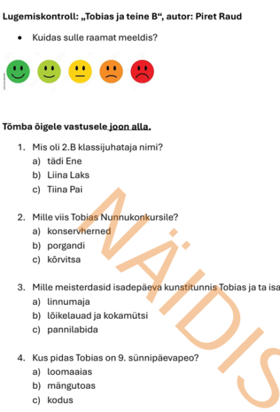 Lugemiskontroll "Tobias ja teine B" koos vastustelehega
