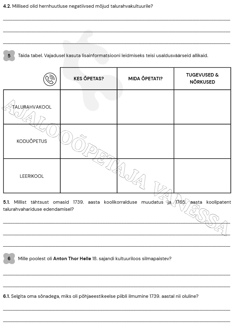 Õpijaamade tekstid "18. sajandi vaimuelu" (6 tk) & Tööleht (4 lk) - Image 6
