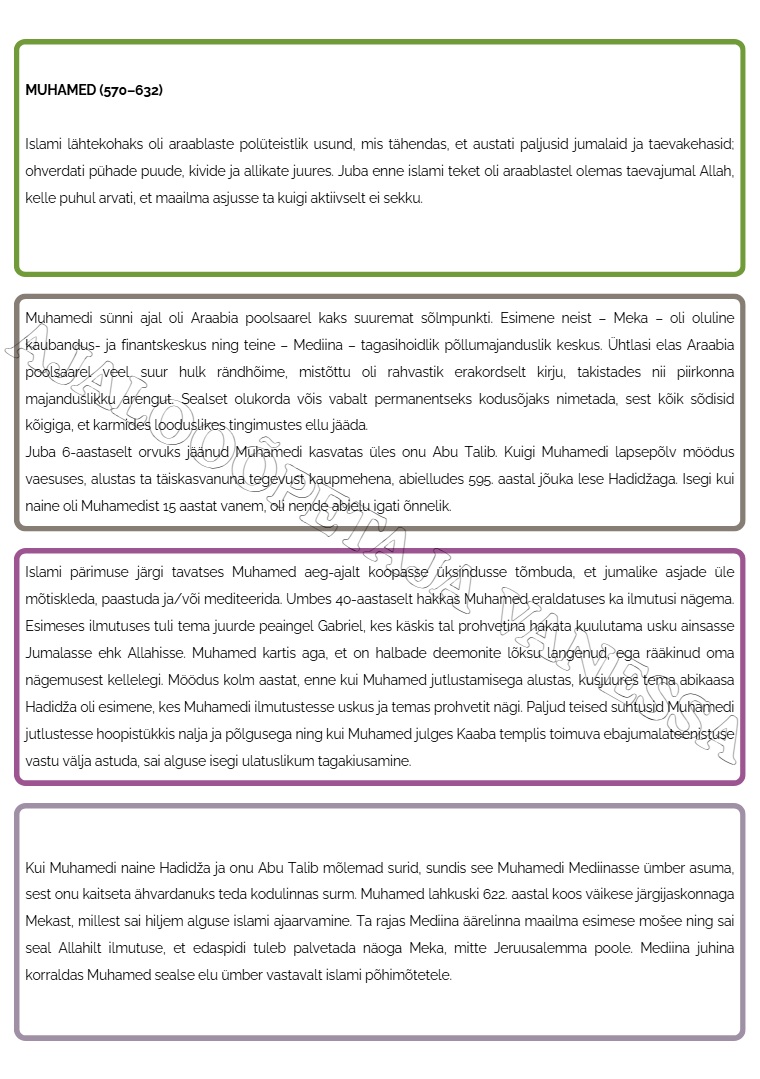 Õppesedelid "Muhamedi elulugu" (7 tk)