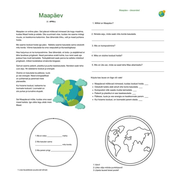 Lugemistekst ja ülesanded 1. klassile (Maapäev 22. aprill)