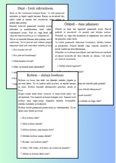 Funktsionaalne lugemine - 5 teksti loomadest küsimustega