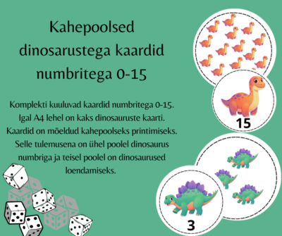 Kahepoolsed dinosarustega kaardid numbritega 0-15