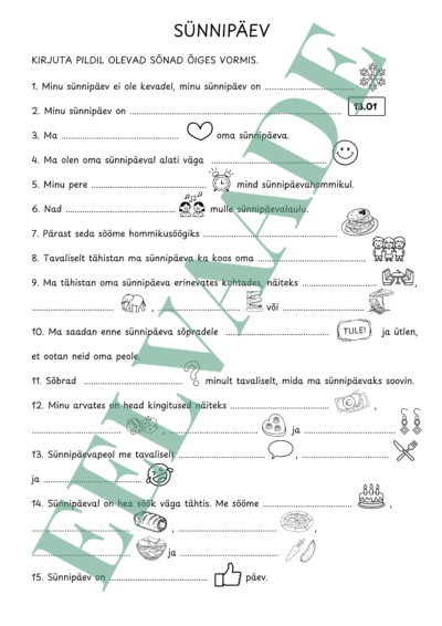 "SÜNNIPÄEV - lõpeta lause pildi järgi"