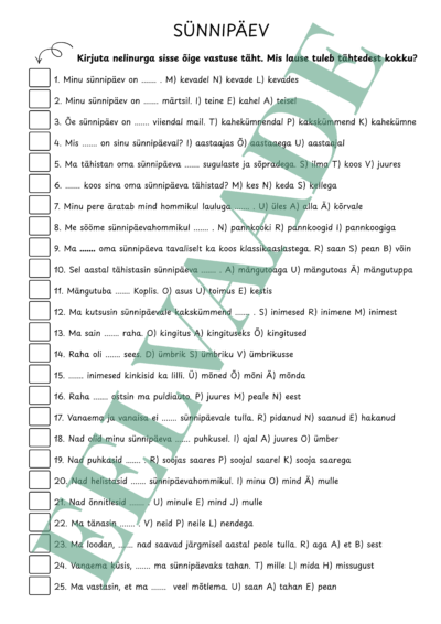 "SÜNNIPÄEV - grammatika ja sõnavara (viktoriin)"